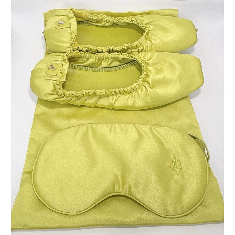 Jimmy Choo Bardo Flat Satin Slippers w Silk Eye Mask Gift Set Lime Green EU 36 6 - Picture 3 of 14